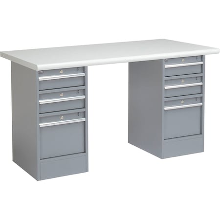 Global Industrial 72 x 30 Pedestal Workbench, 6 Drawers, Plastic Laminate Safety Edge, Gray 607637
